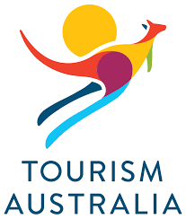 Tourism Australia logo featuring a stylized kangaroo with a sun background