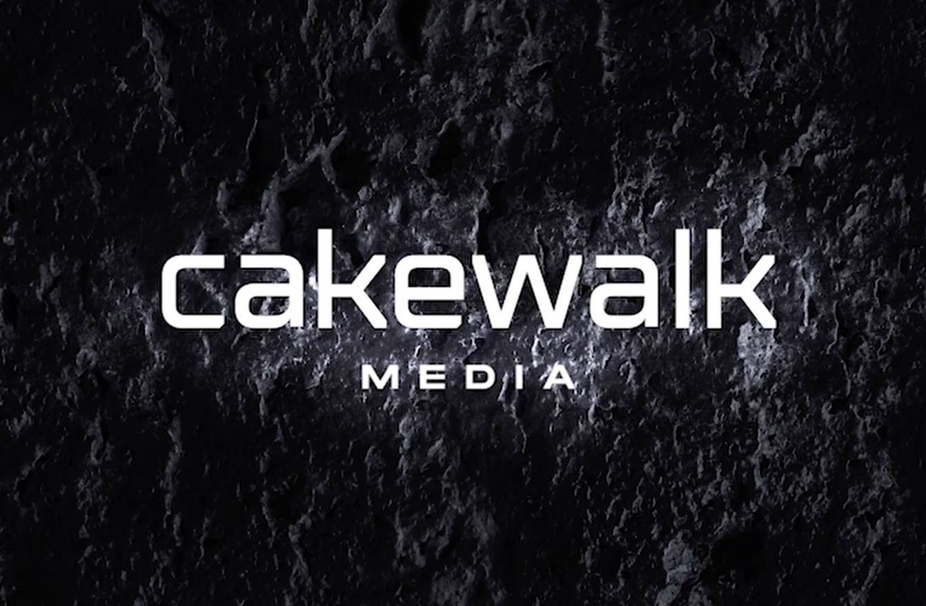 Logo for Cakewalk Media with a dark, textured background