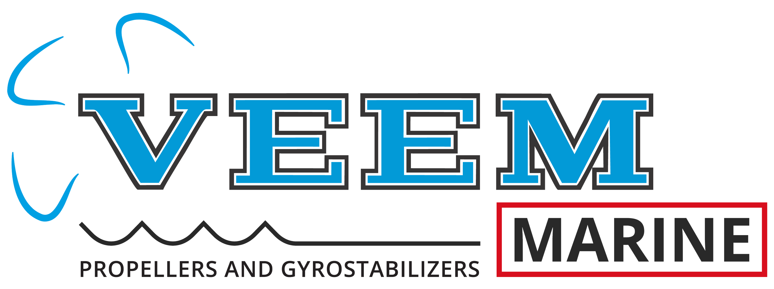 Logo for Veem Marine featuring a stylized boat and text indicating propellers and gyrostabilizers.