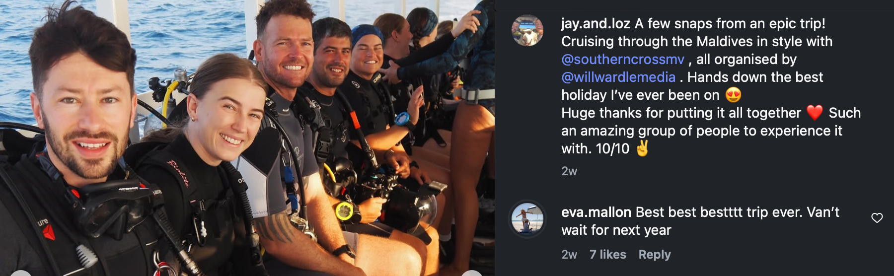 A group of people in scuba diving gear sitting on a boat, smiling, with the ocean in the background, celebrating an adventure trip to the Maldives.