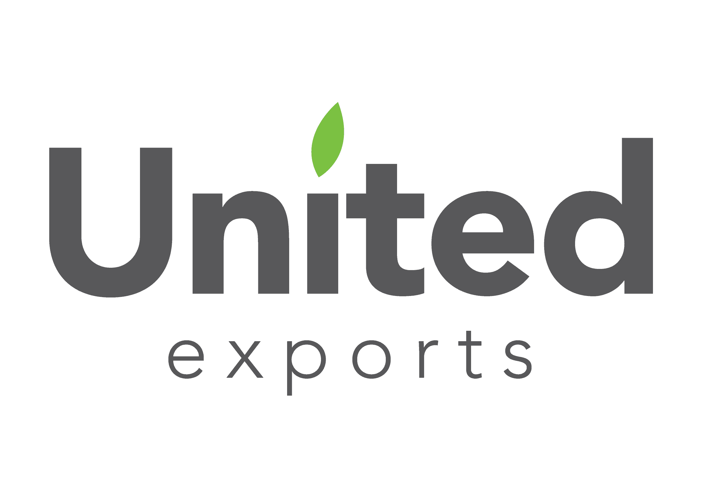 Logo for United States exports featuring the word 'United' in large gray letters, a green leaf above the 'i', and the words 'exports' below in smaller gray letters.