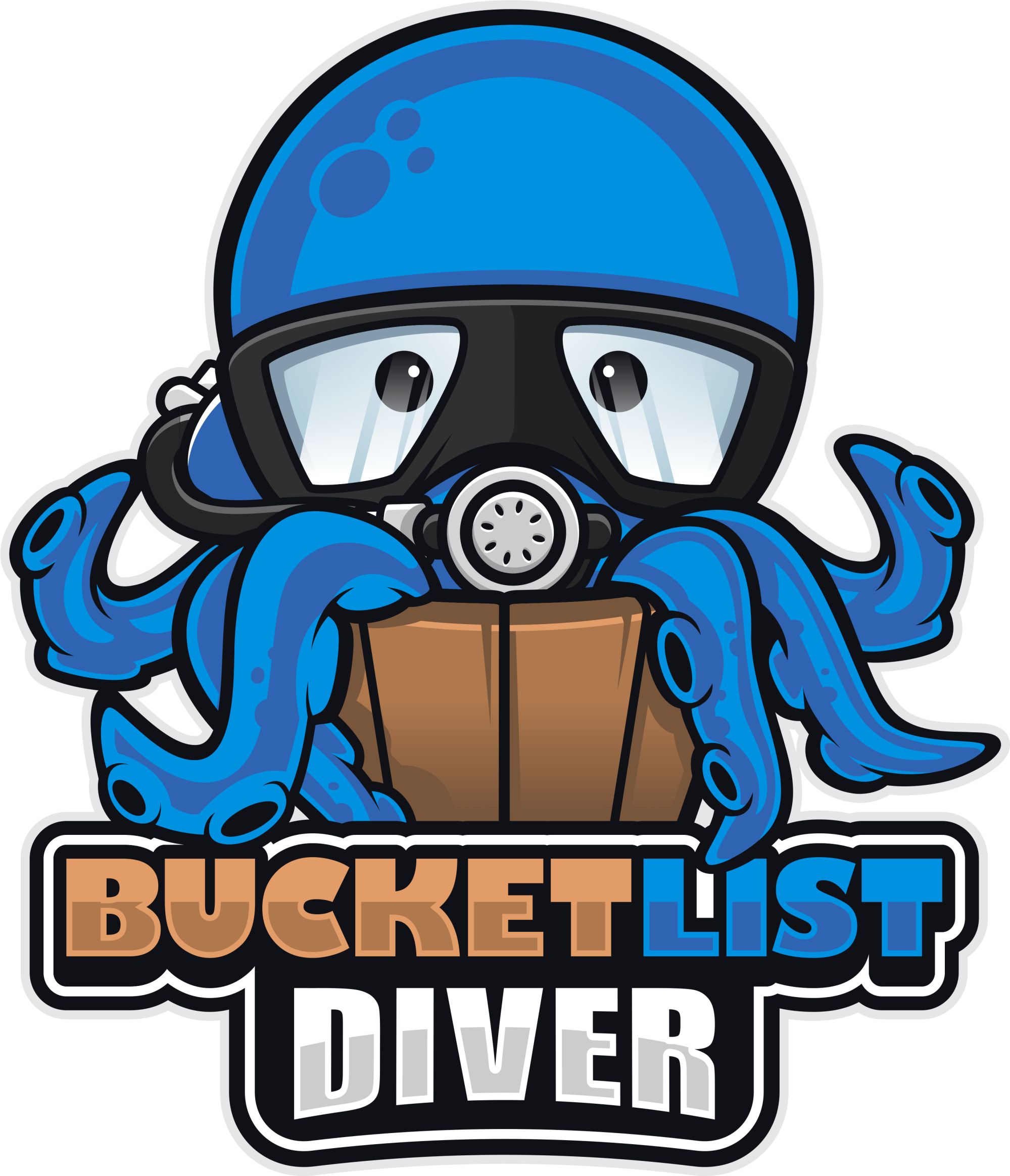 A cartoon illustration of a scuba diver wearing a blue helmet and a black mask, with water bubbles around the helmet. The diver is holding a wooden sign with the words "BUCKET LIST" written in bold, colorful letters.