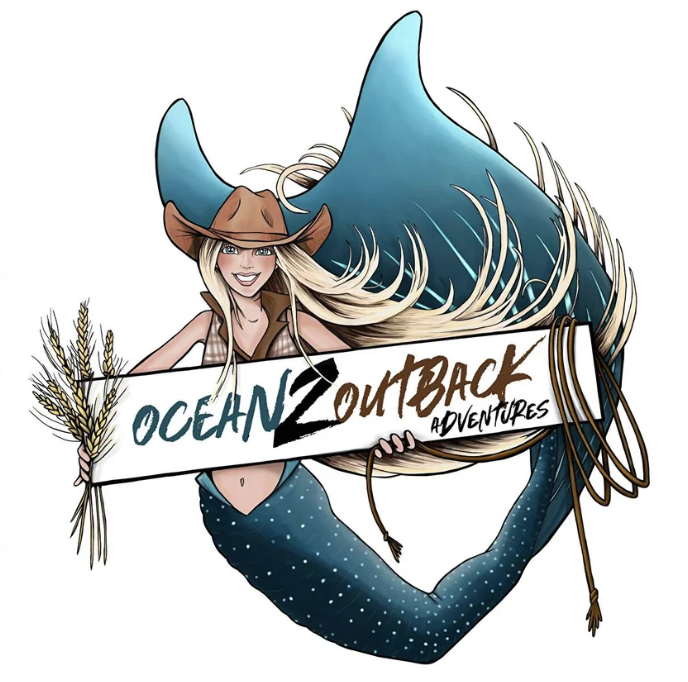 Animated illustration of a smiling woman in a cowboy hat and swimsuit, holding a sign that says "Ocean 2 Outback Adventures" with a large blue and gray whale tail in the background, and a bunch of wheat in her other hand.