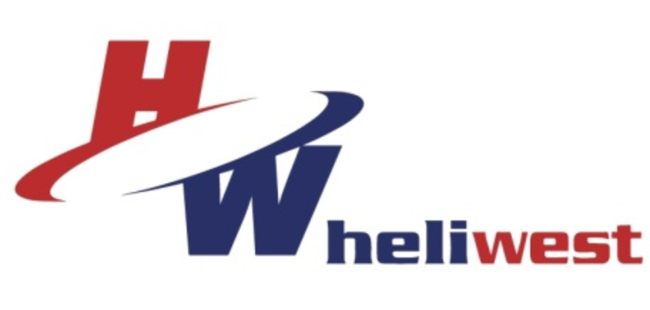 Logo of Heliwest with red and blue text and a swoosh design.