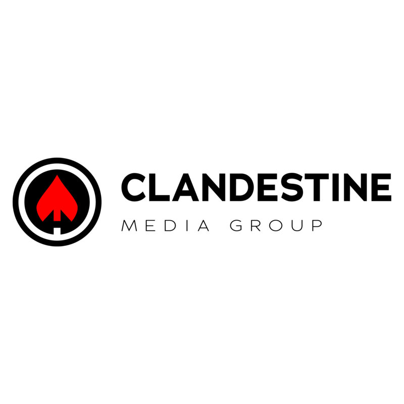 Logo for Clandestine Media Group with a black and red flame inside a target symbol, and text in bold black and thin gray letters.