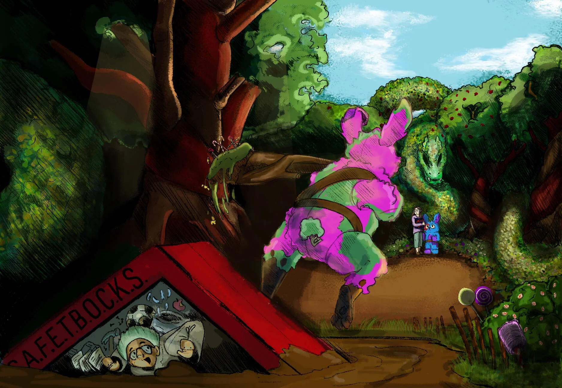 A colorful digital drawing of a lush forest scene featuring a pink and green bunny , a toy display box occupied by a lifesized Mad Scientist toy partially submerged in quicksand, and a large serpentine dragon in the background.