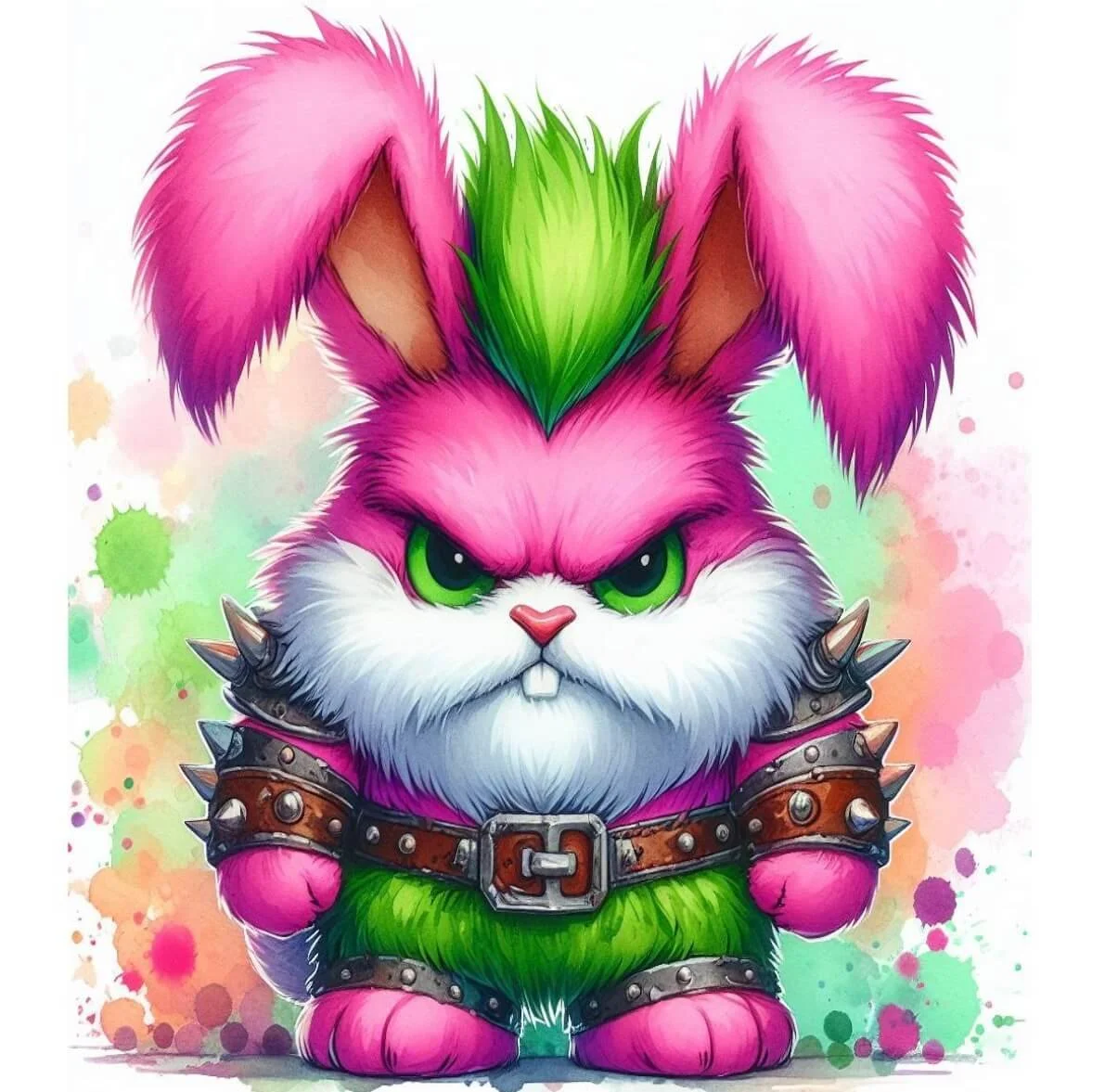 A colorful, cartoon-style bunny with green eyes, spiky green and pink hair, dressed in punk-style armor with spikes and studs, set against a pastel splattered background.