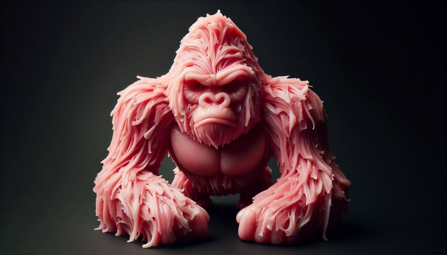 A sculpture of a gorilla made from pink bubblegum, with a textured furry appearance, sitting against a dark background.
