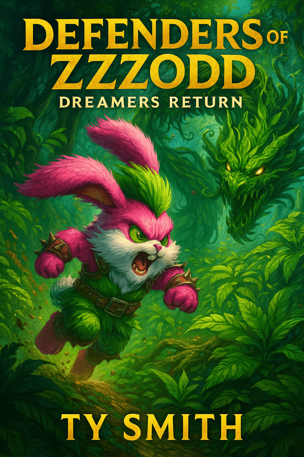 Book cover for "Defenders of Zzzodd: Dreamers Return" by Ty Smith. It features a pink and white rabbit with green hair and fierce expression, running through a lush green jungle, with a green dragon in the background.