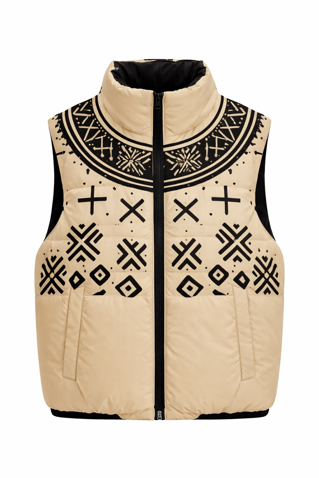 Khaki and Black Mud Cloth Winter Vest