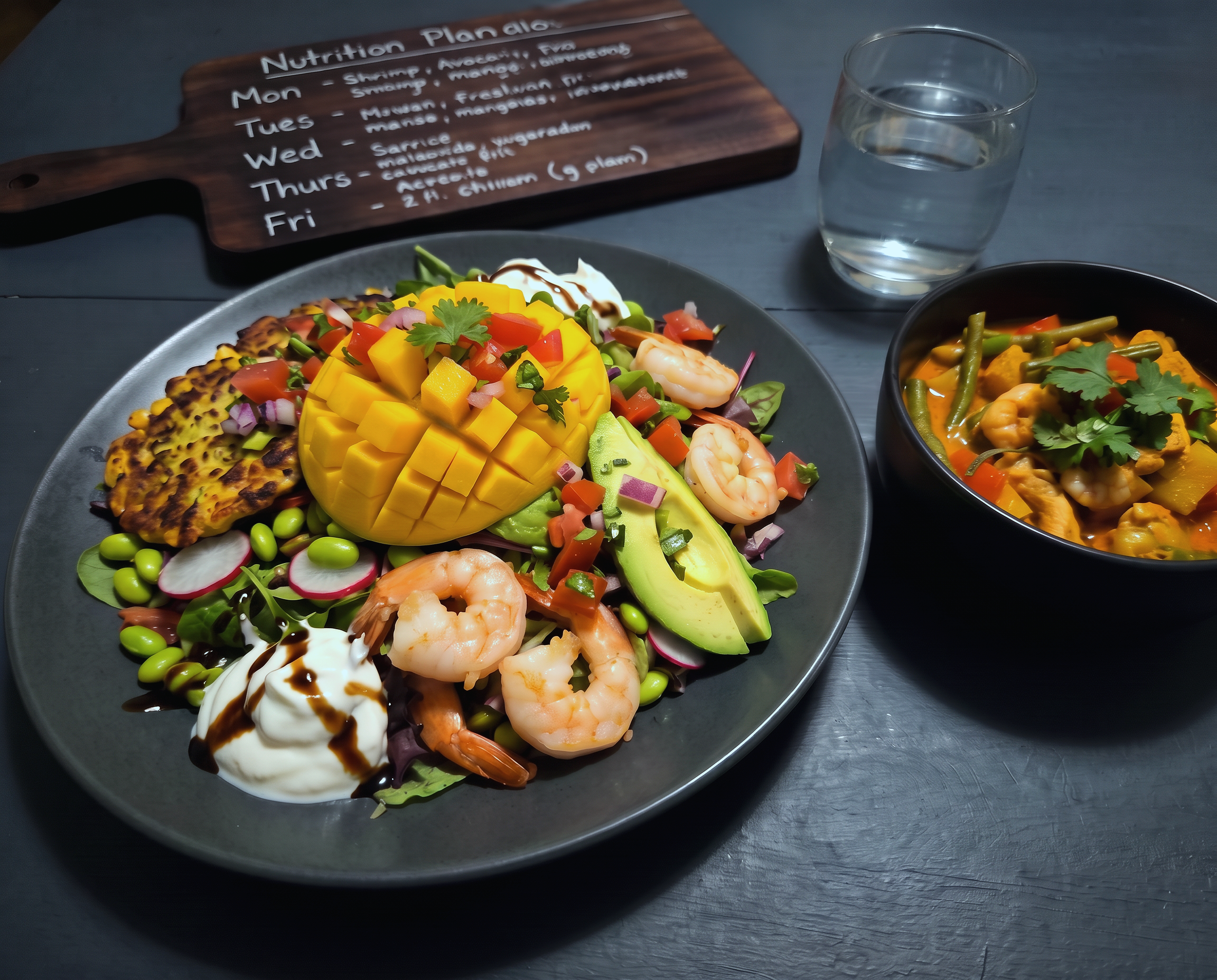 Picture of 2 different plates of food on a table next to a meal plan and a glass of water.