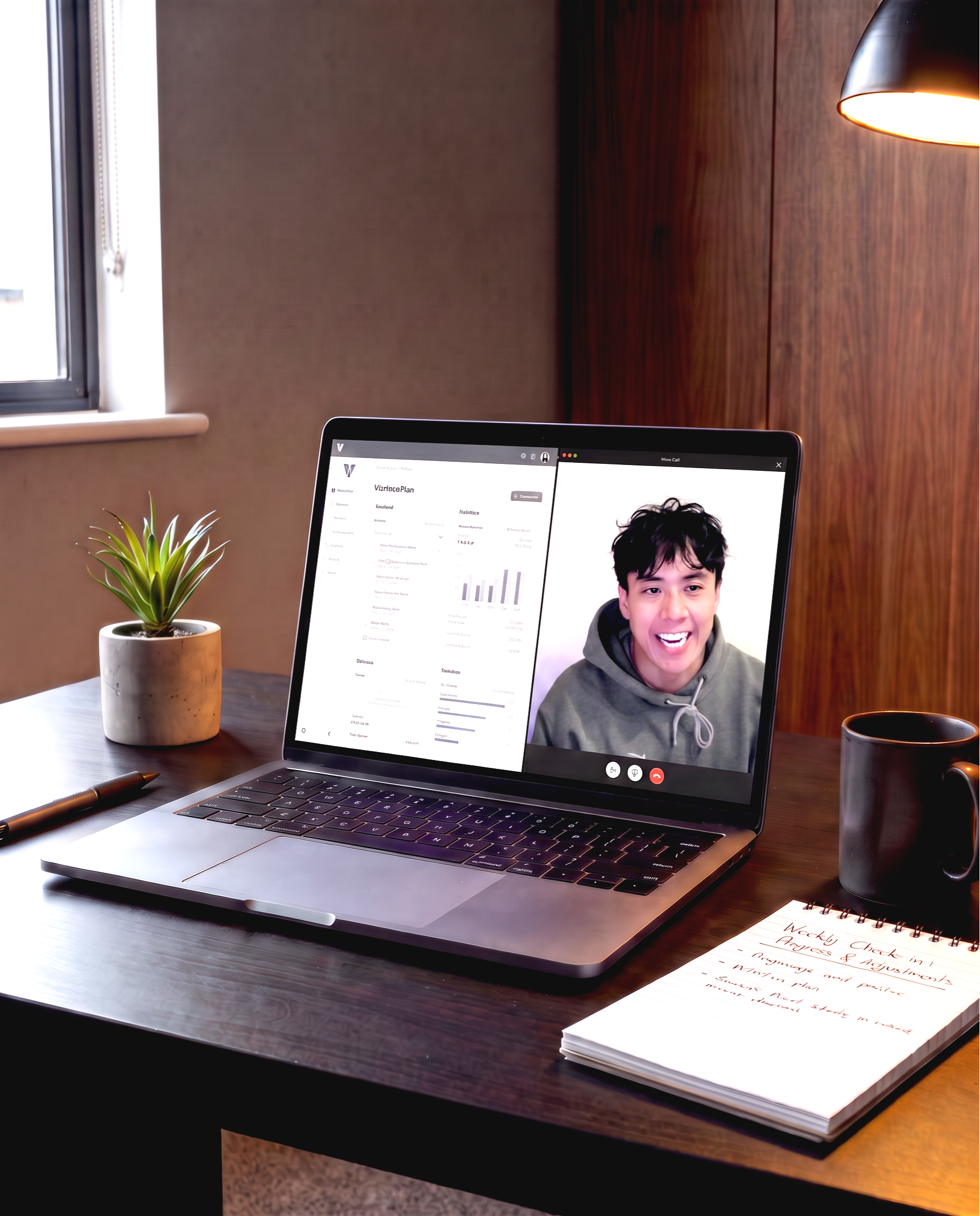 Picture of a laptop screen with notes and a video call and a note pad next to it on the table.