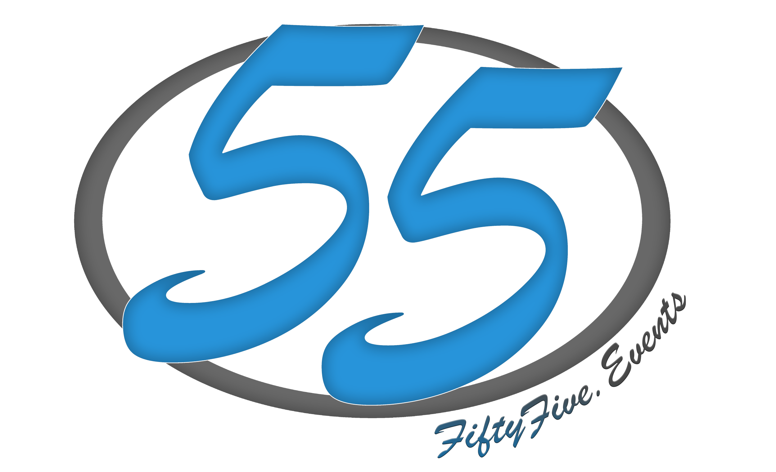 Logo mit einer großen blauen Zahl 55, umgeben von einem ovalen grafischen Rahmen, darunter der Slogan "Fifty Five, Event" in kursiver Schrift.