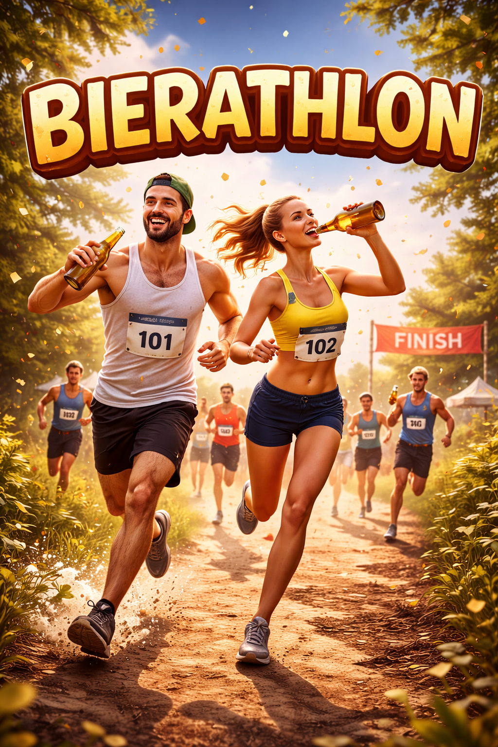 Zwei Läufer beim Biarathon auf einer Waldstrecke, fröhlich, trinken Bier, während andere Läufer im Hintergrund die Ziellinie passieren.