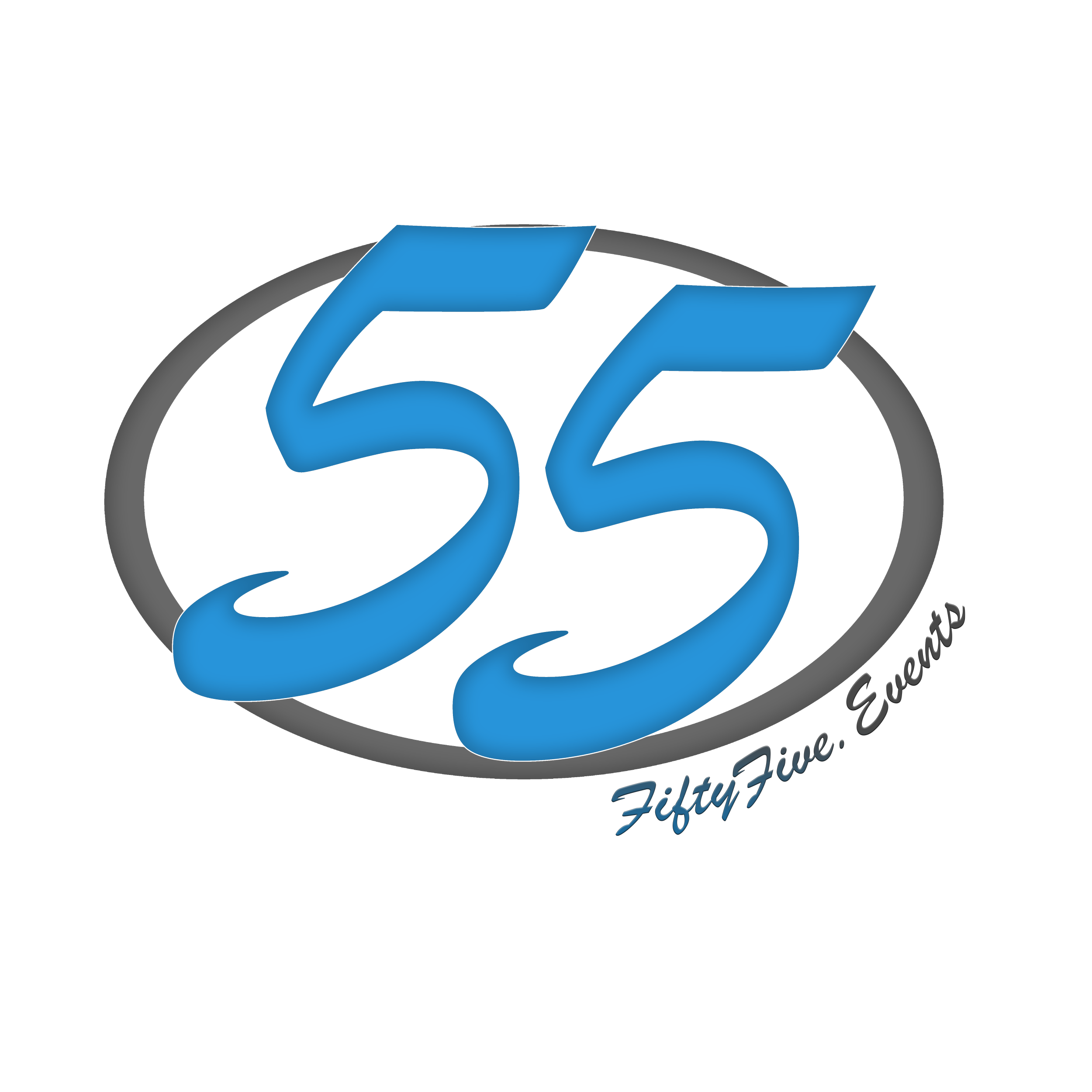 Logo mit der großen blauen Zahl 55 in einem ovalen Rahmen, darunter der Text »Fifty Five Events« in Kursivschrift.