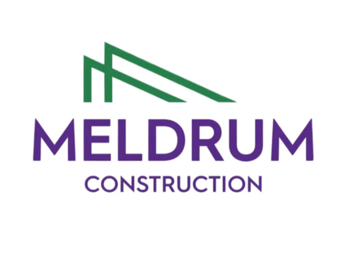 Logo for MelDRUM Construction featuring stylized green scaffolding and purple text.