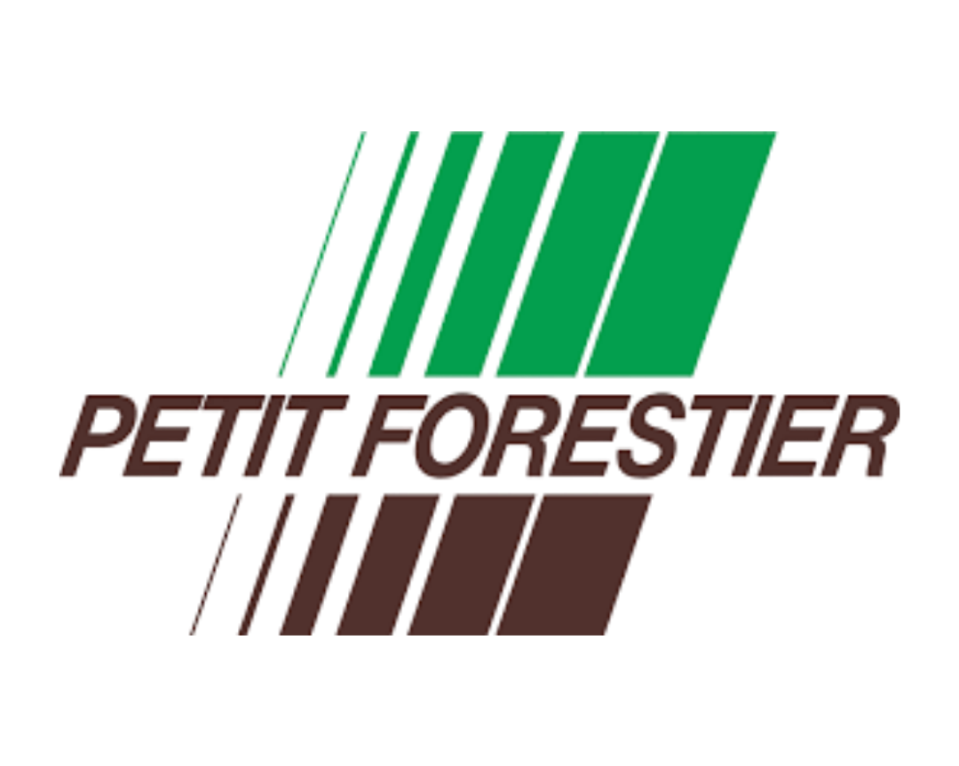 3D letter logo with green and brown block letters spelling 'PETIT FORESTER' and ascending bars in the background.