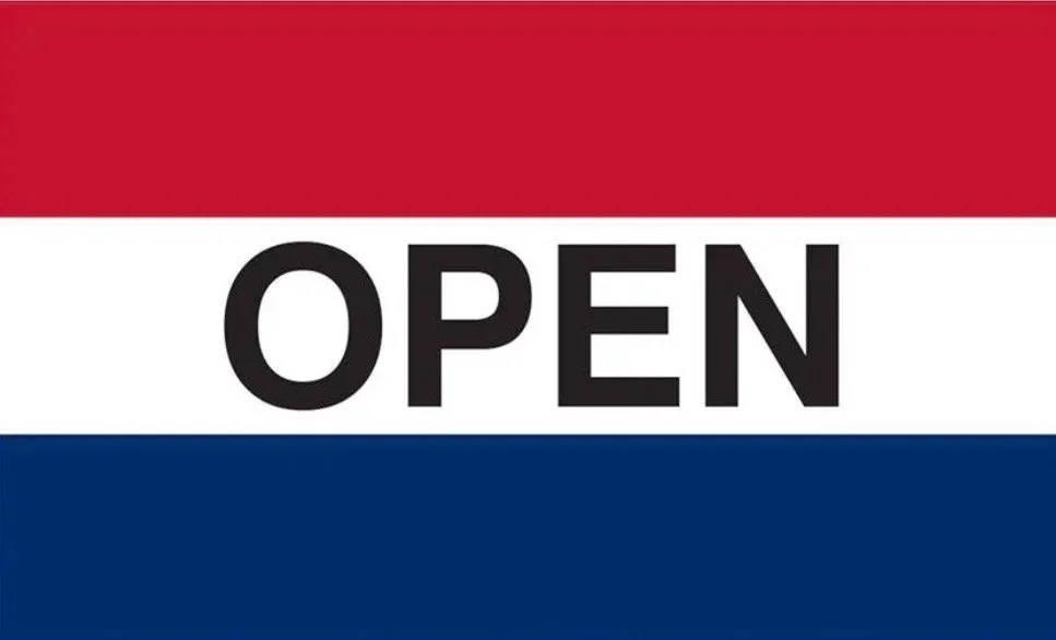 Open Sign with red, white, and blue stripes and the word 'OPEN' in black letters.