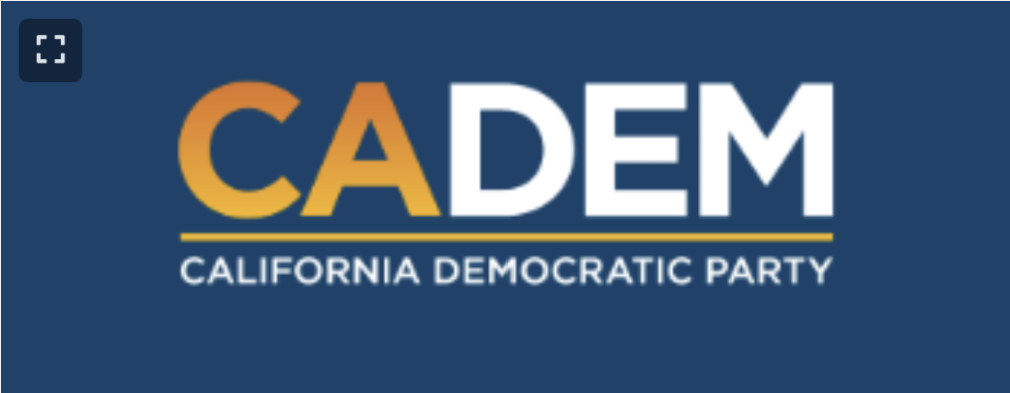 Logo of the California Democratic Party with the word 'CADEM' and the subtitle 'California Democratic Party' on a blue background.