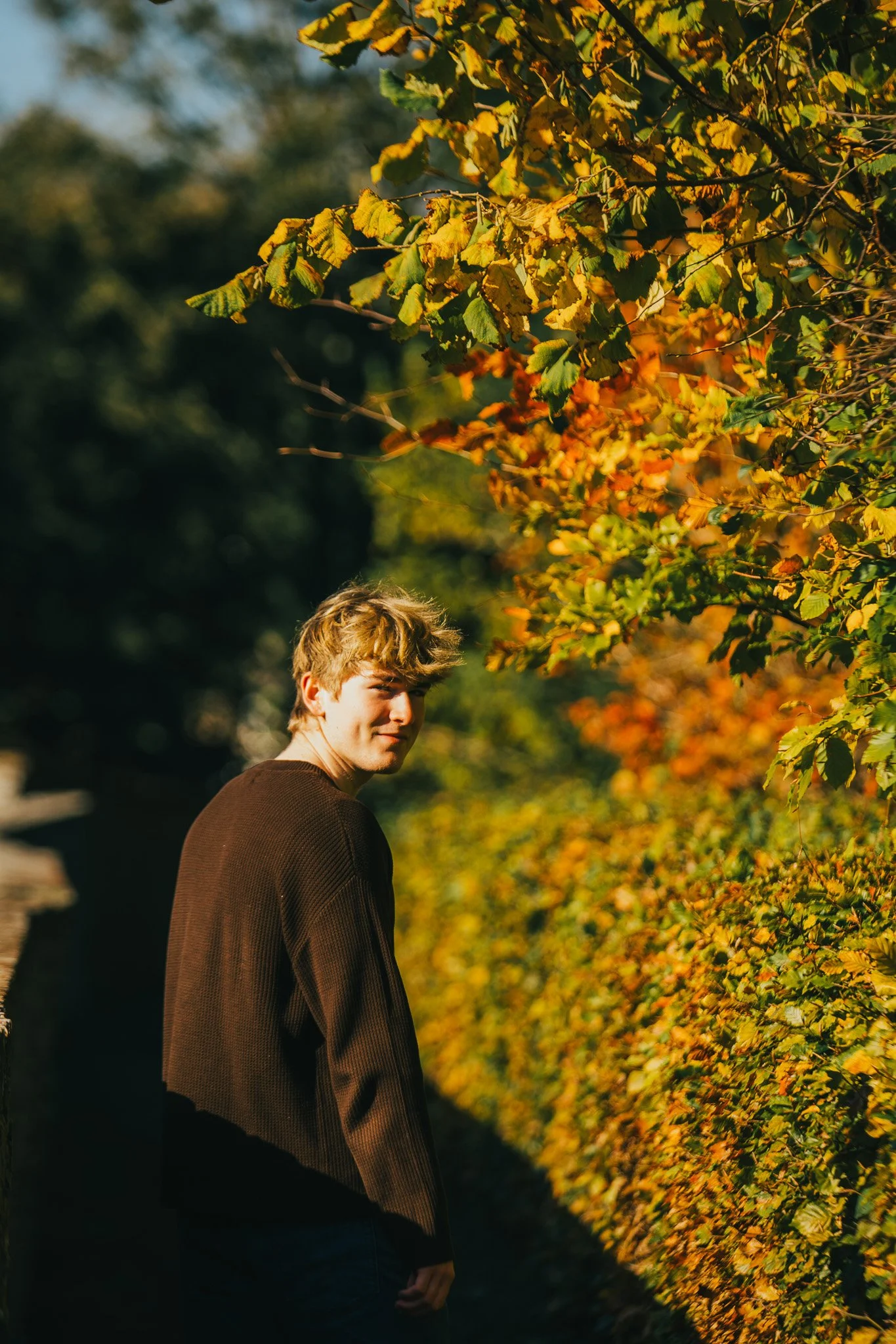 A young man with blond hair wearing a brown sweater standing outdoors in autumn, with a hedge of orange and yellow leaves beside him.
