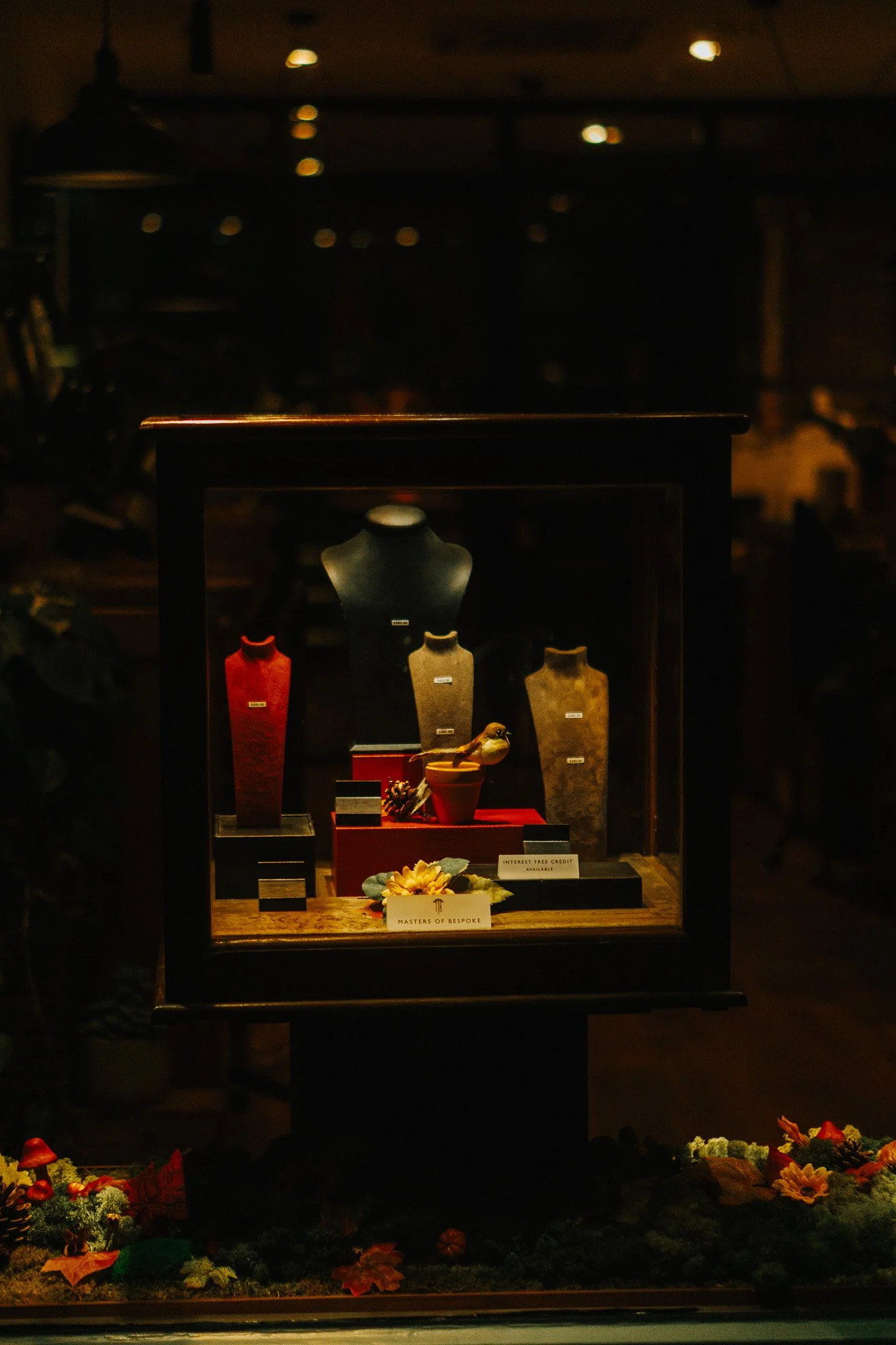 Display case with jewelry stands and decorative items in a dimly lit setting