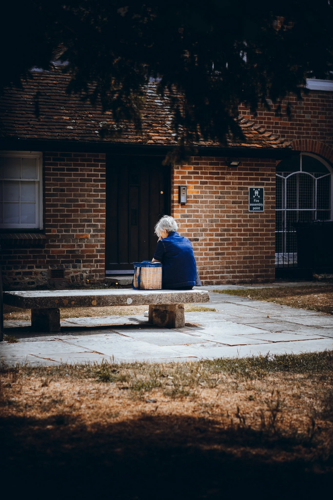 An elderly woman with white hair, sitting on a concrete bench outside a brick building, with a woven basket beside her, under tree shadows on a sunny day.