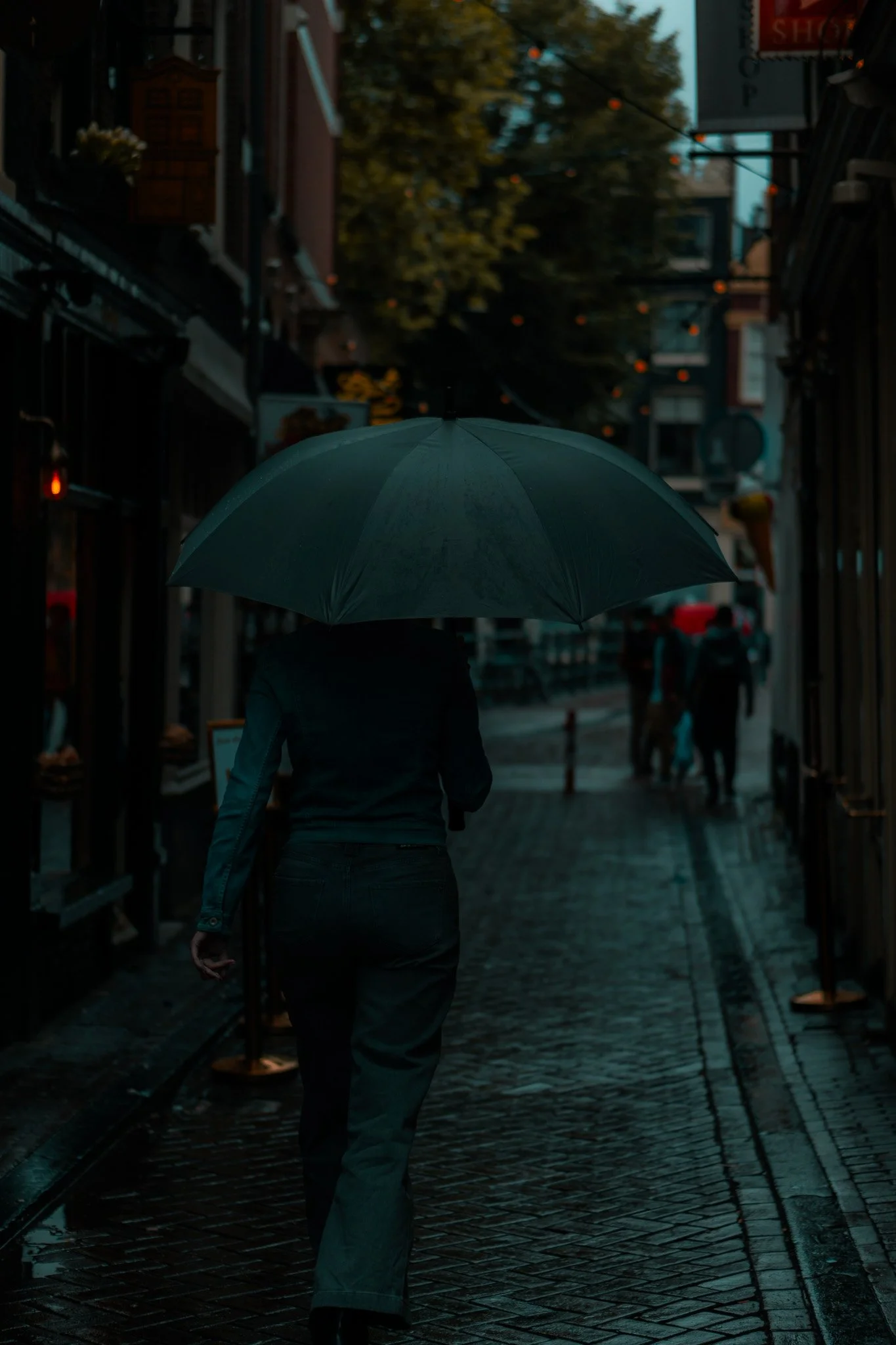 A person walking on a wet city street holding an umbrella during rain, with several other people seen in the background.