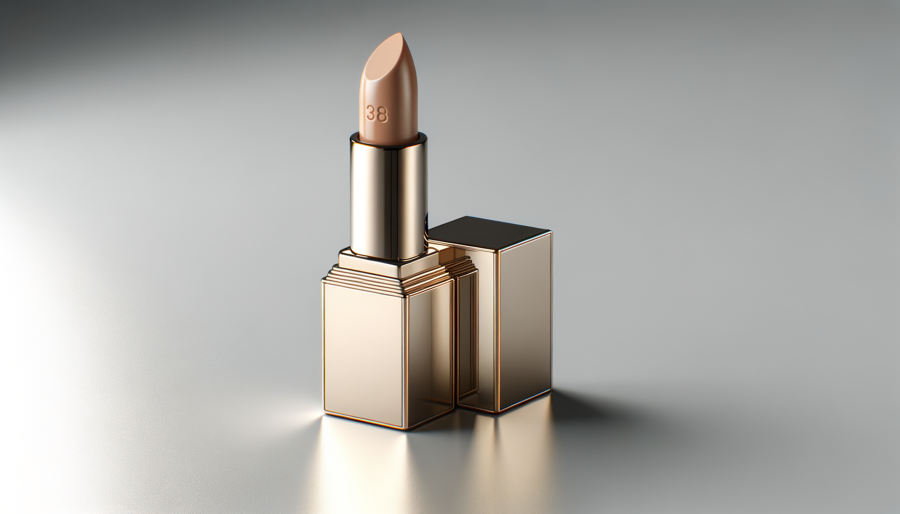 A beige lipstick in a shiny, metallic gold tube with a black base, placed on a plain gray surface.