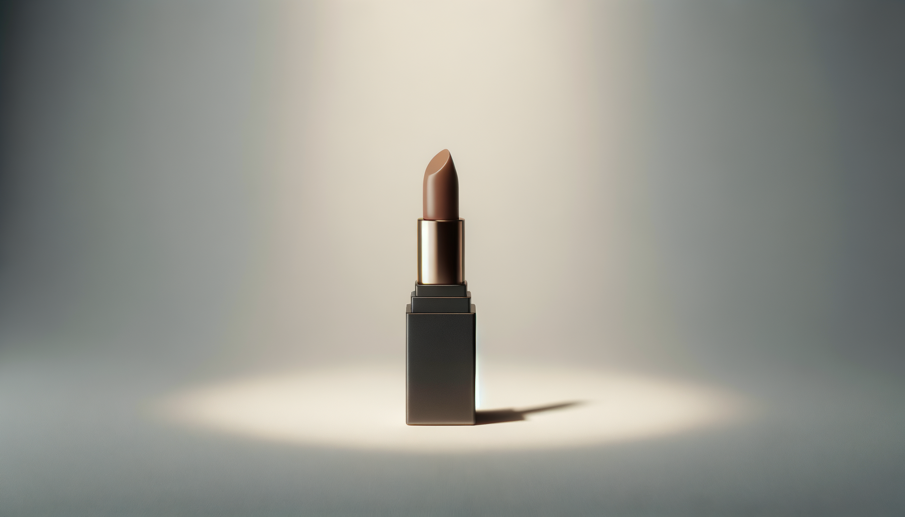 A nude-colored lipstick in a black and gold case standing upright on a light surface with soft lighting and a blurred background.