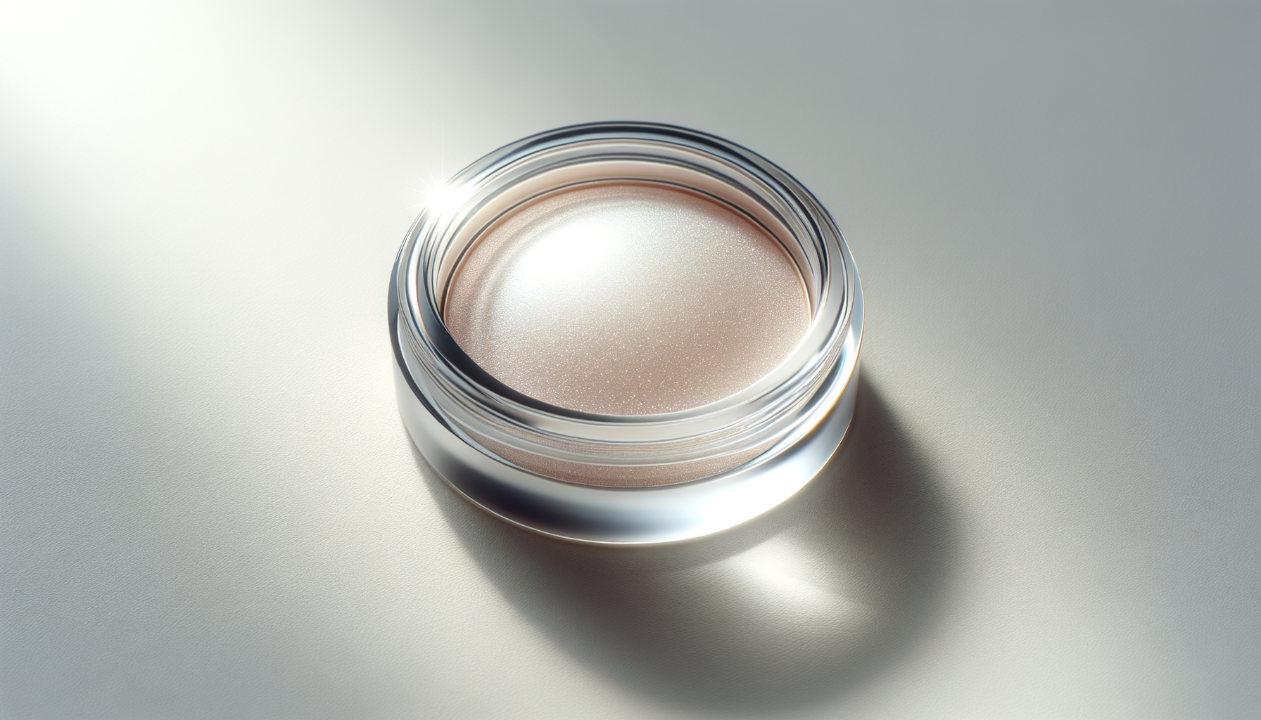 An open jar of beige, shimmery cream on a light surface with shadows and reflections.