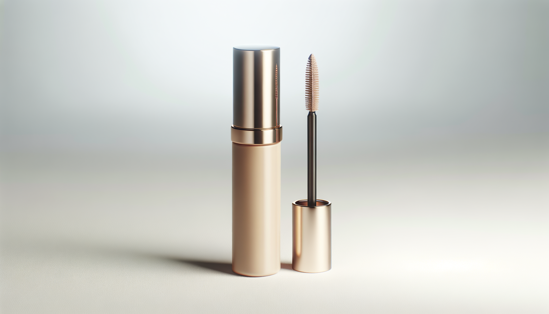 A gold-colored tube of mascara with its wand placed upright next to it, against a light, neutral background.