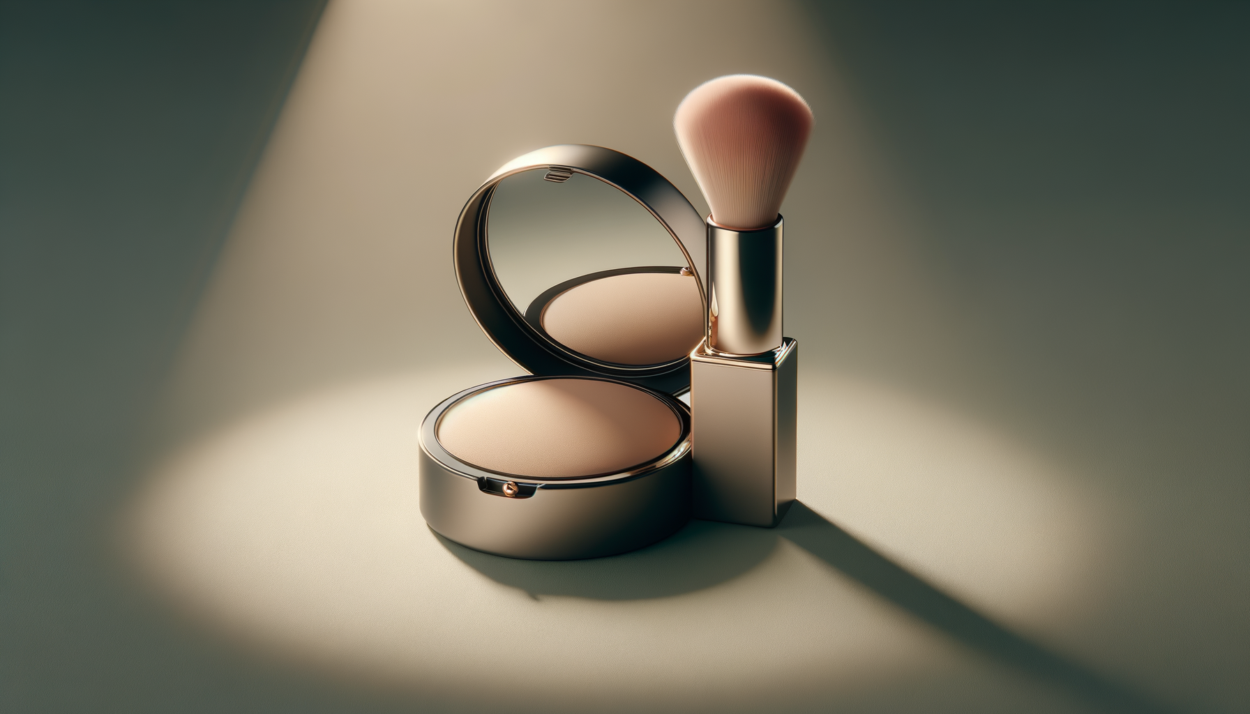 A compact mirror and a makeup brush with a gold handle, set on a beige surface with lighting creating shadows.