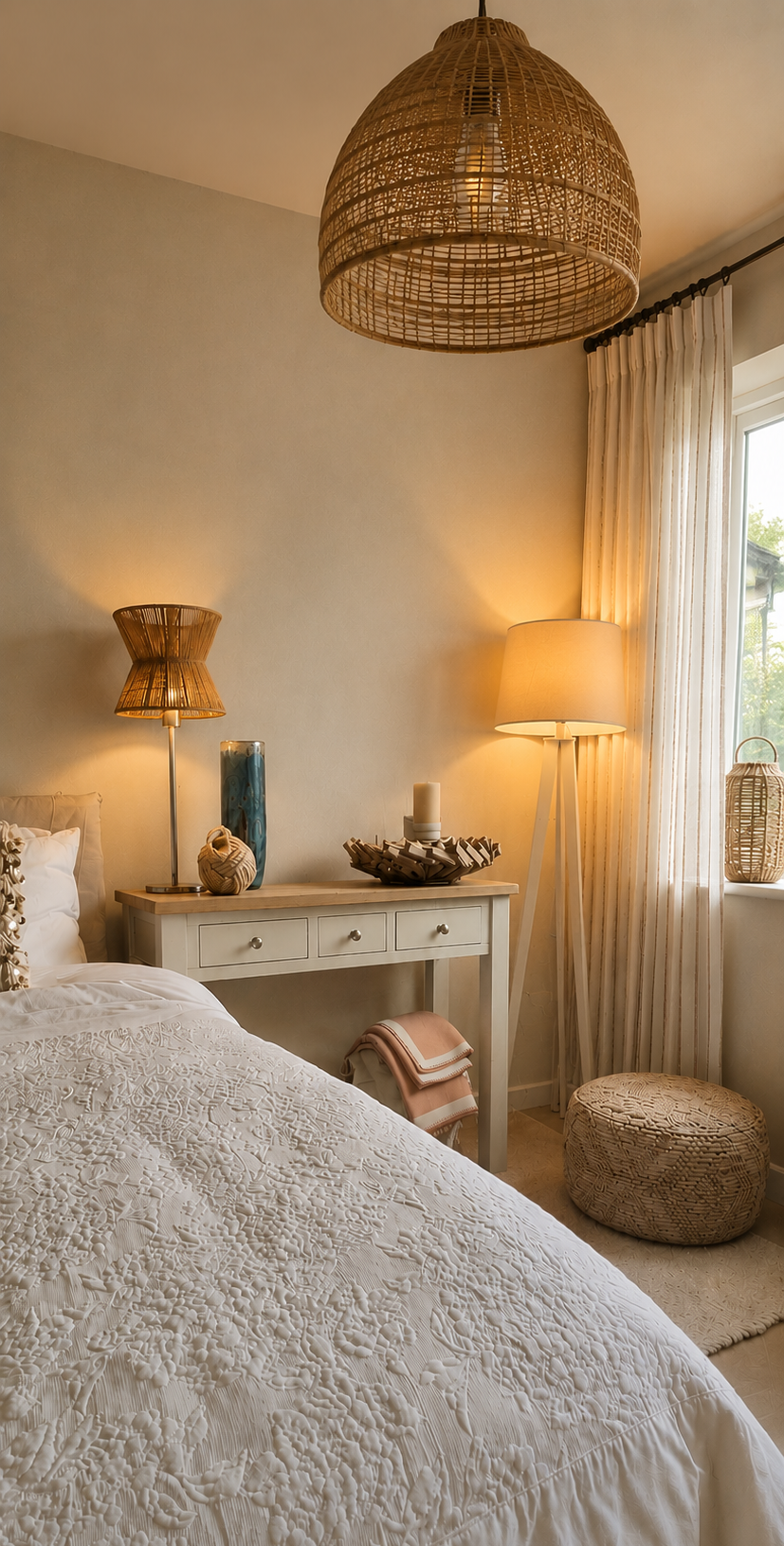 A calm, layered bedroom inspired by soft coastal tones