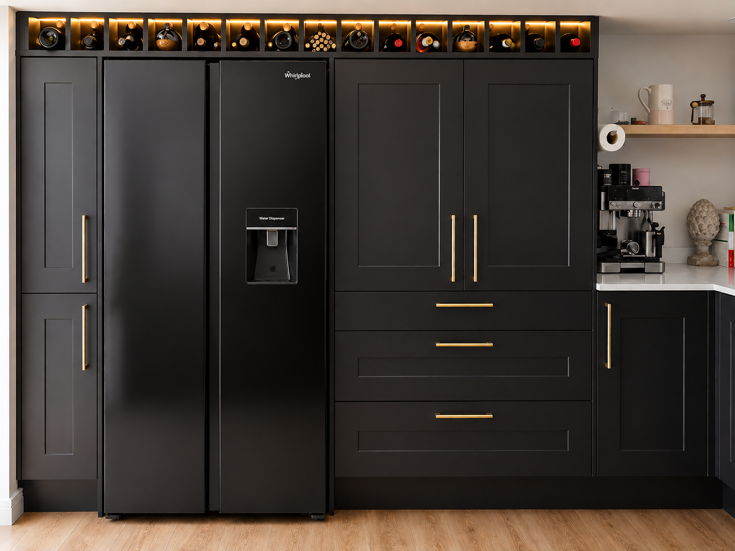 Floor-to-ceiling matt black shaker cabinetry with brushed brass handles, integrated wine rack with LED lighting and black American fridge freezer, modern cottage kitchen Suffolk