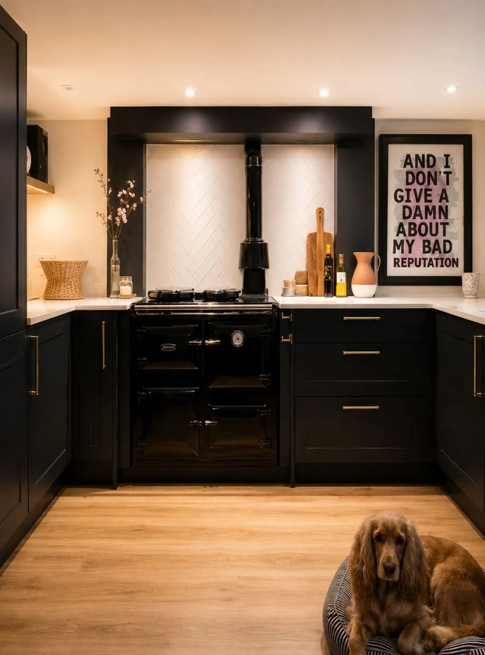 A monochrome kitchen with brass accents and bold art