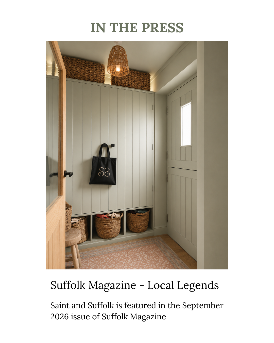 Cozy entryway with a closed white paneled closet, woven baskets on top and inside, a black tote bag hanging on the closet door, a small wooden stool, a rug on the wooden floor, and a woven pendant light hanging from the ceiling.