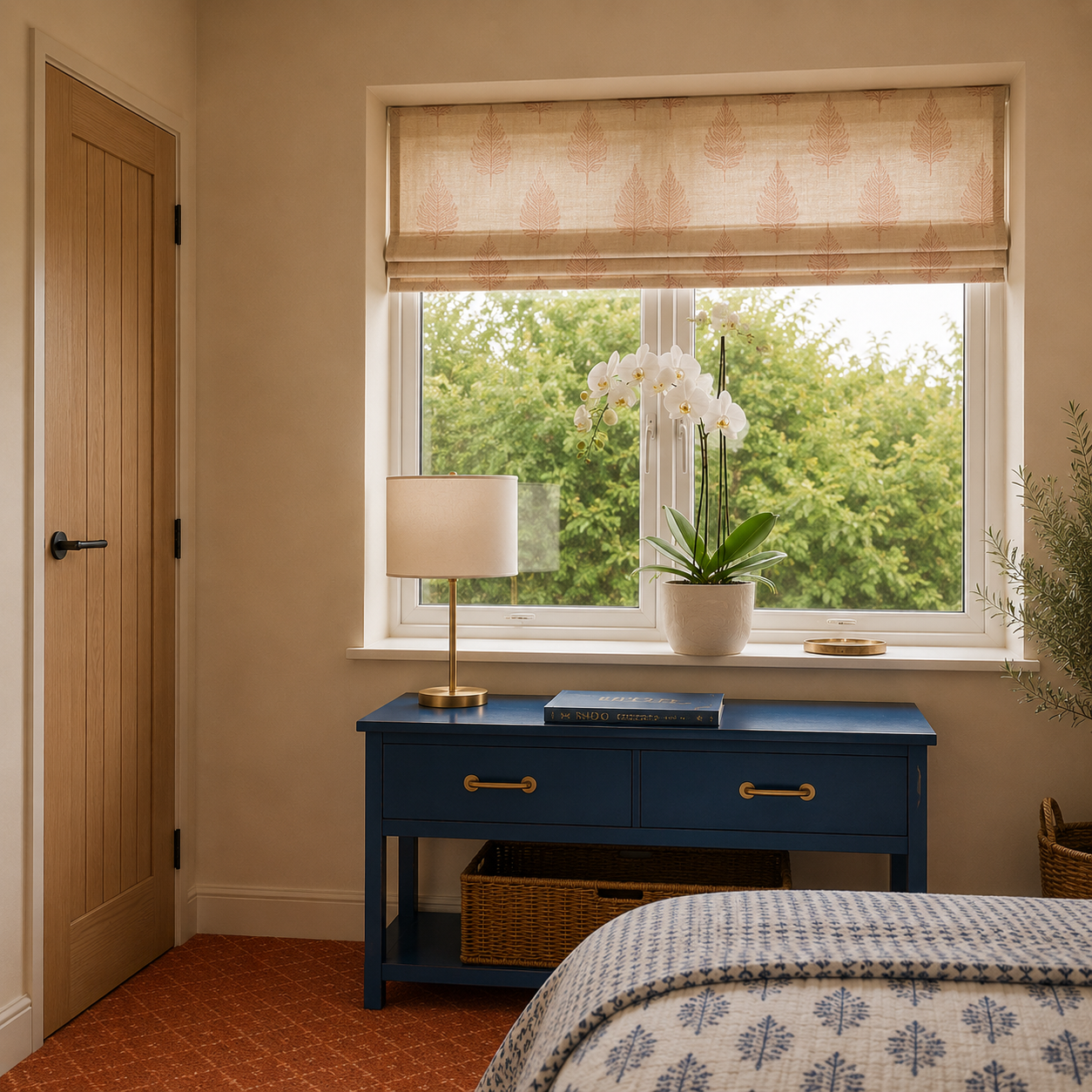 Navy blue console table with brass handles, botanical print roman blind and white orchid in front of garden window, Rhubarb twin room Suffolk