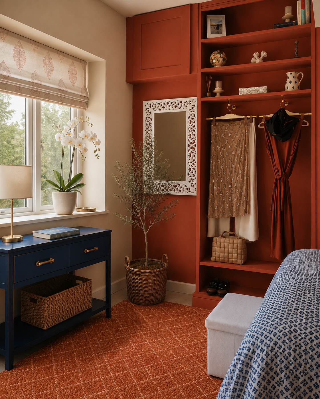 Wide view of Rhubarb twin guest bedroom showing navy console, botanical roman blind, carved mirror, olive tree and Neptune Rhubarb built-in joinery, Suffolk interior design