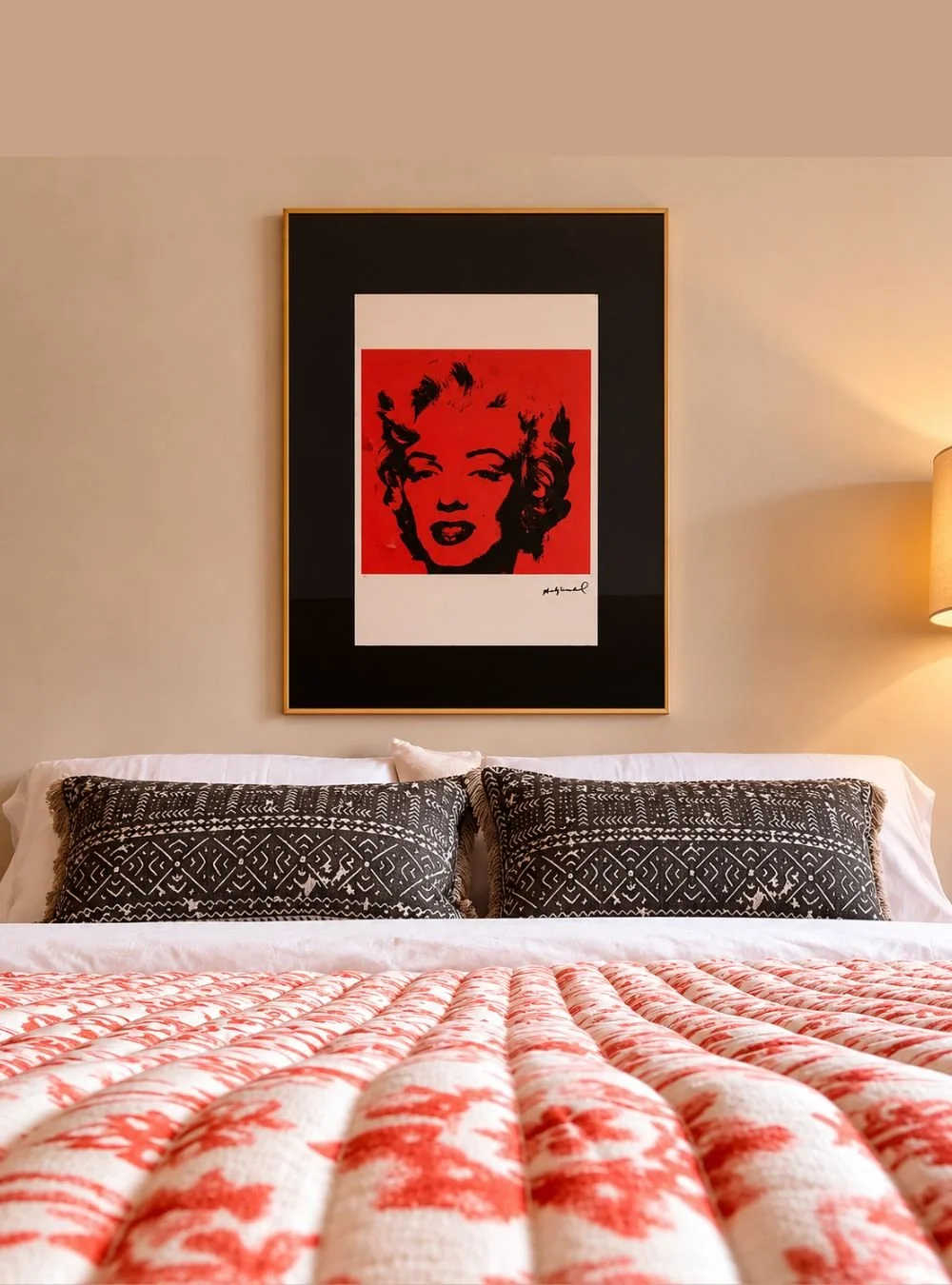 A warm, textural bedroom with a subtle pop‑art edge