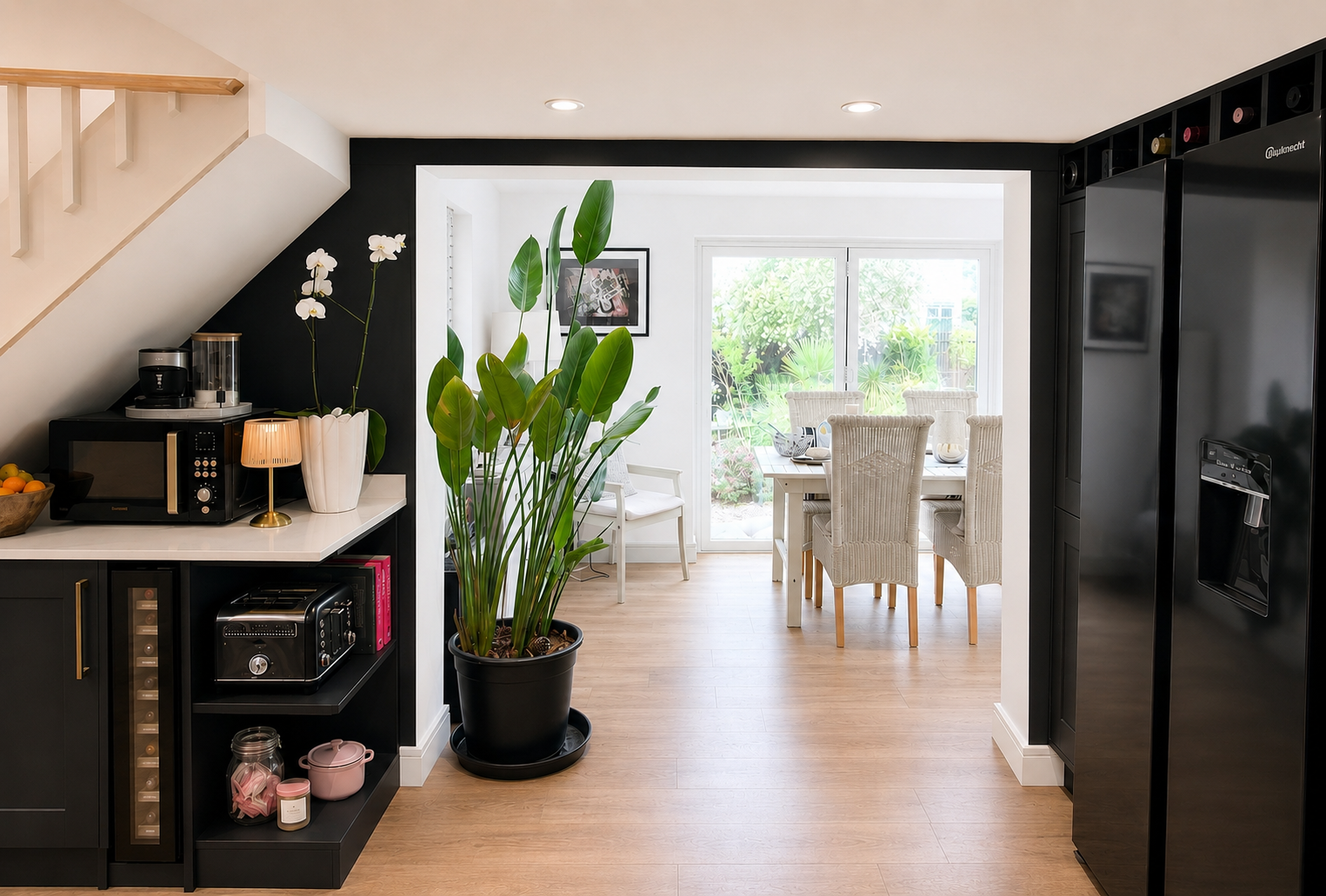 Open-plan kitchen dining room with matt black cabinetry, brass hardware, white quartz worktop and large tropical plant, viewed through archway to garden, Suffolk
