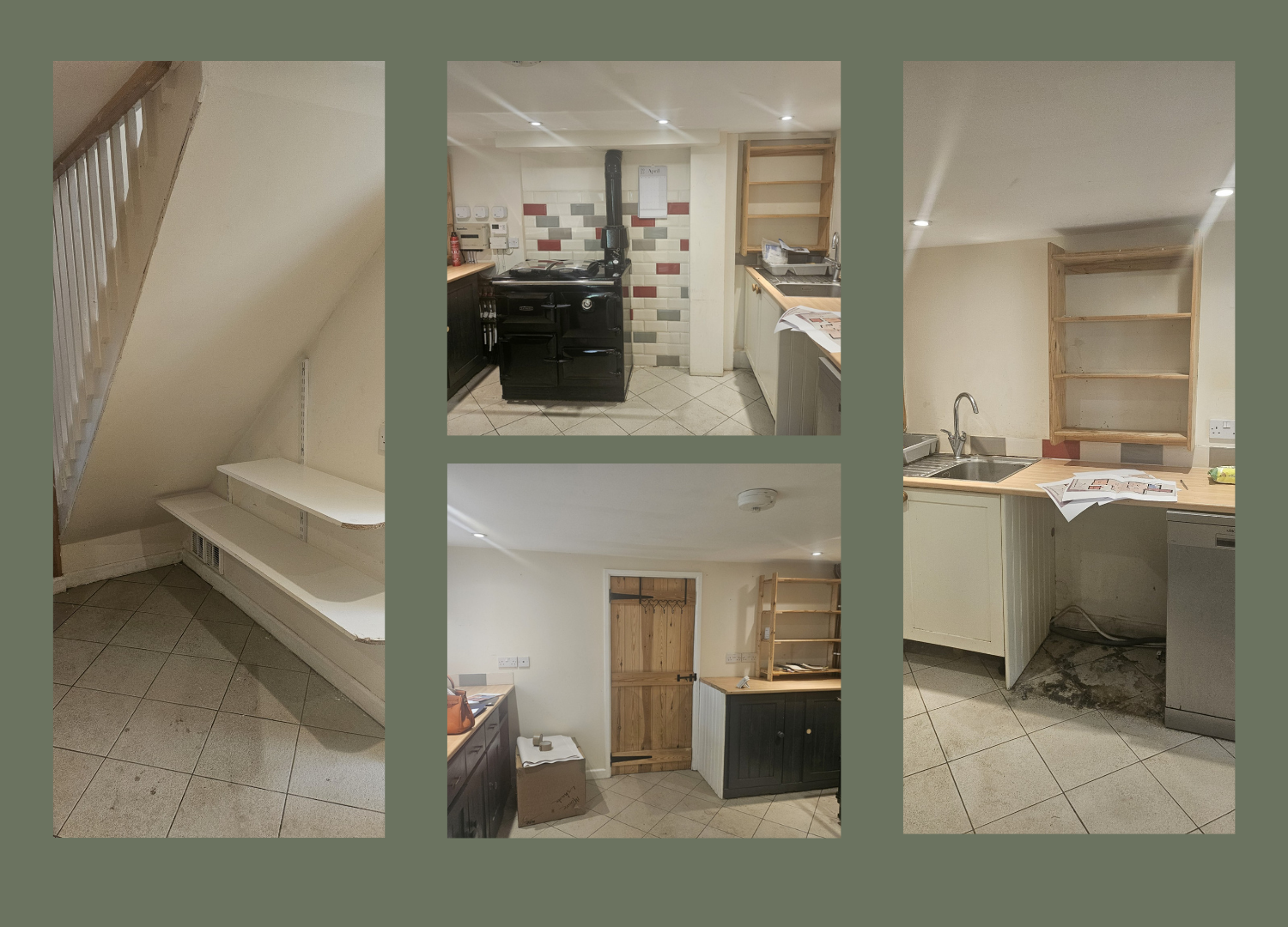 Before images showing original cottage kitchen with dated red and grey tiles, bare plywood shelving, old cream cabinets and awkward under-stair space prior to redesign, Suffolk