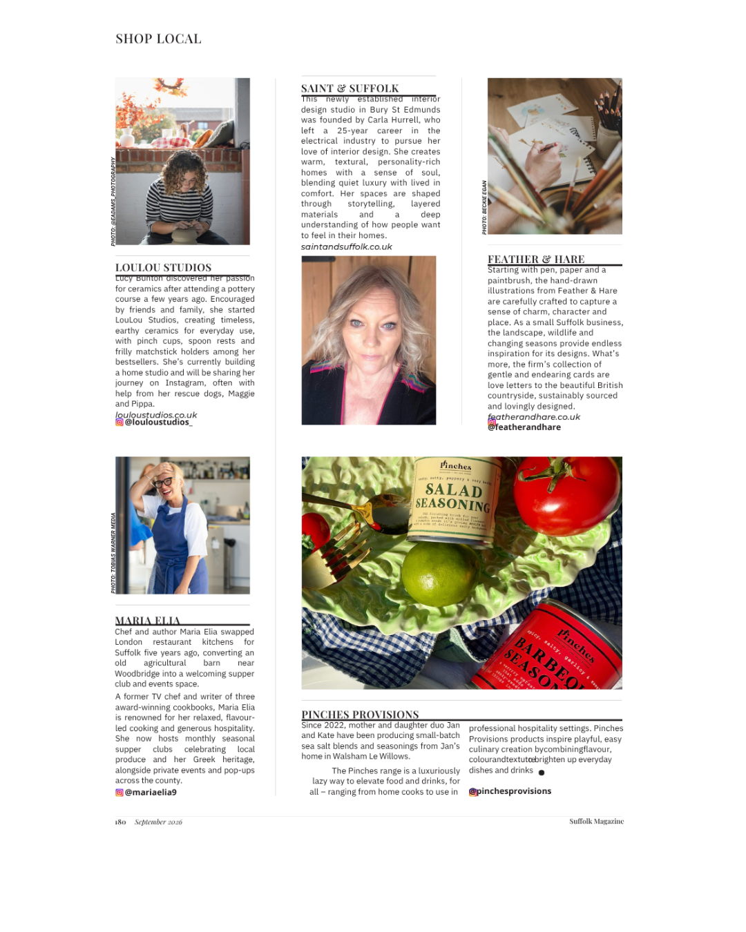 A magazine page featuring local businesses and individuals, including Saint & Suffolk interior design, Feather & Hare stationery, LouLou Studios ceramics, Maria Elia catering, and Pinches provisions with images of a woman with curly hair, an artist drawing, a woman in a kitchen, and fresh vegetables with seasoning products.
