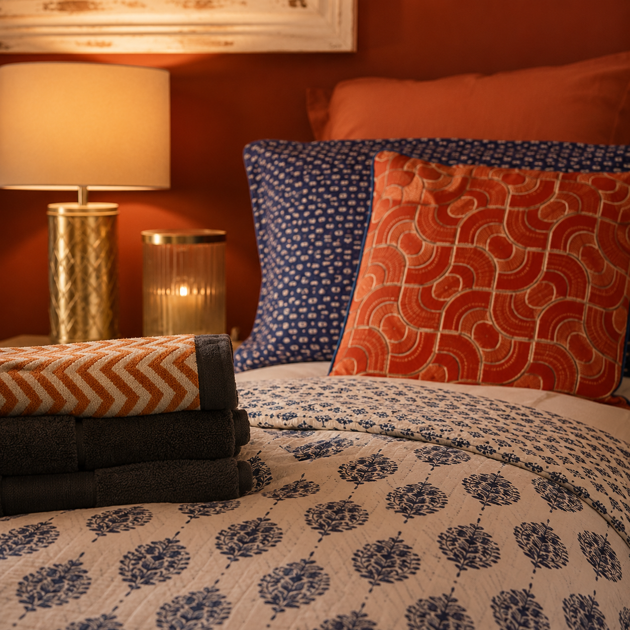 Close-up of indigo block print bedlinen, rhubarb geometric cushion, folded towels and brass lamp against deep red Neptune Rhubarb wall, guest bedroom Suffolk