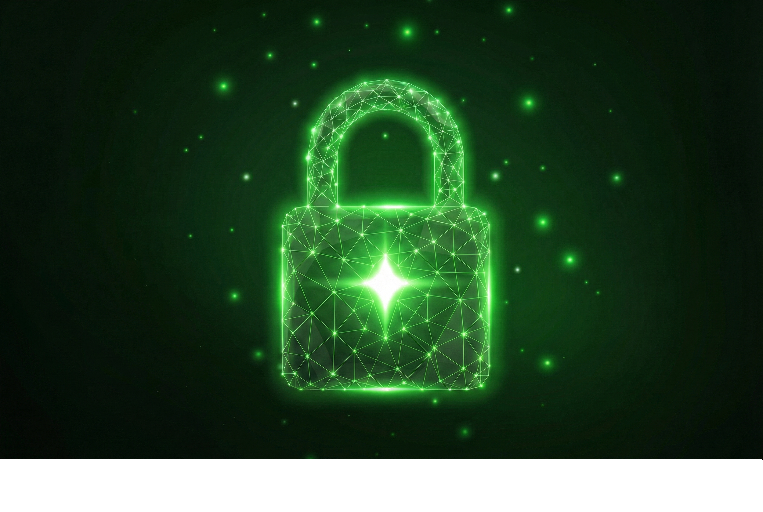 Green digital illustration of a padlock with glowing points and lines, symbolizing cybersecurity or data protection.