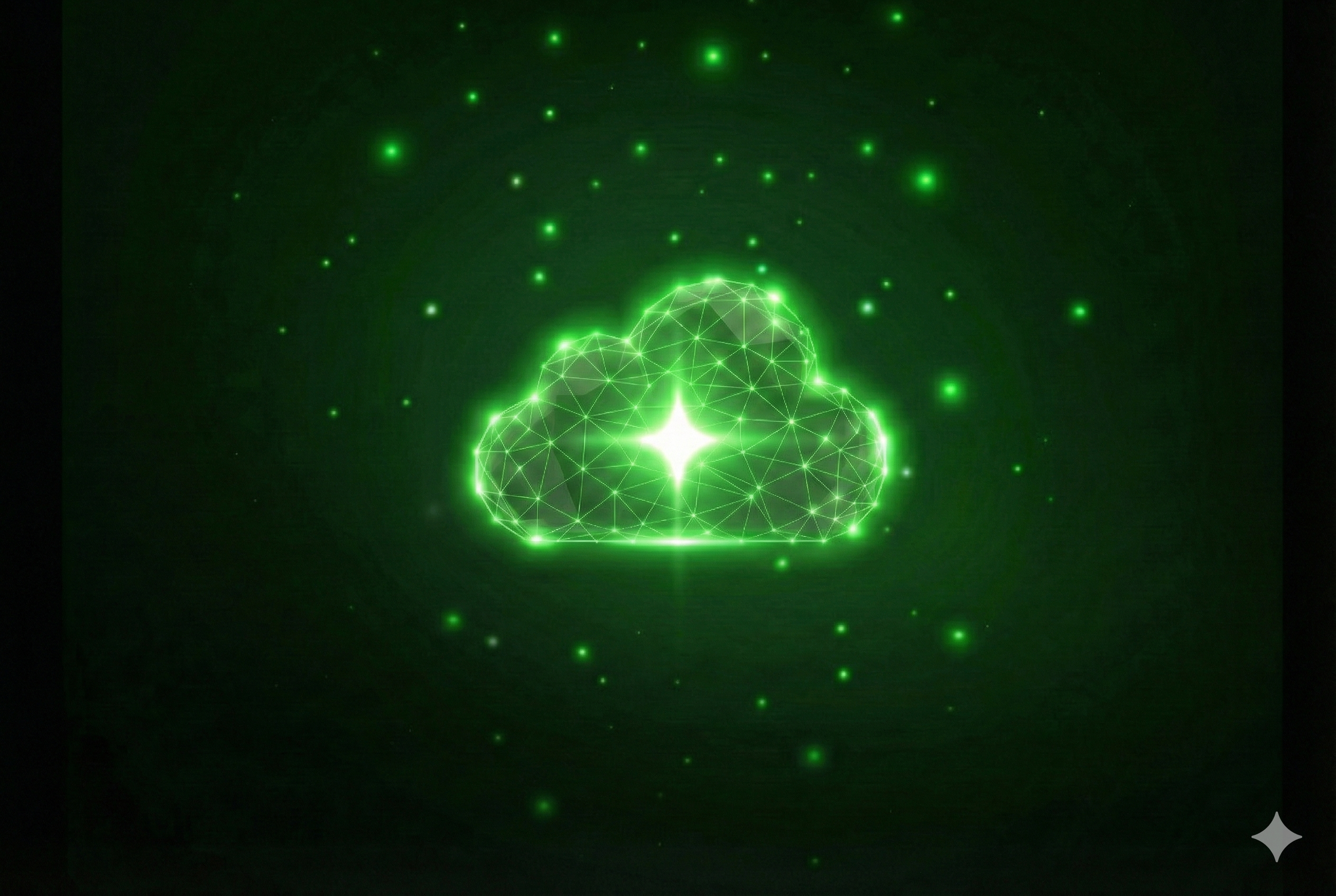 A digital illustration of a glowing green cloud icon with a star in the center, surrounded by small glowing particles.