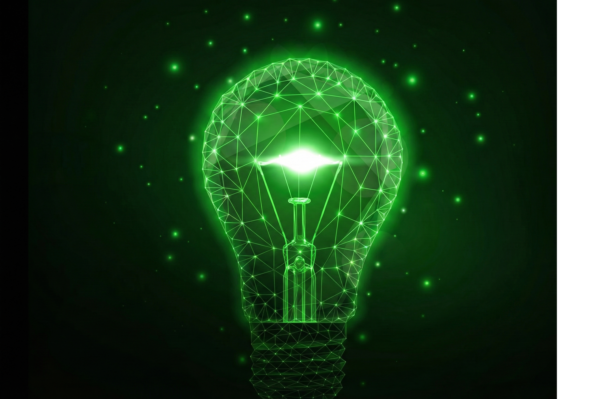 A digital, glowing illustration of a light bulb with a filament, made up of green lines, dots, and geometric shapes on a black background, with small glowing green particles surrounding it.