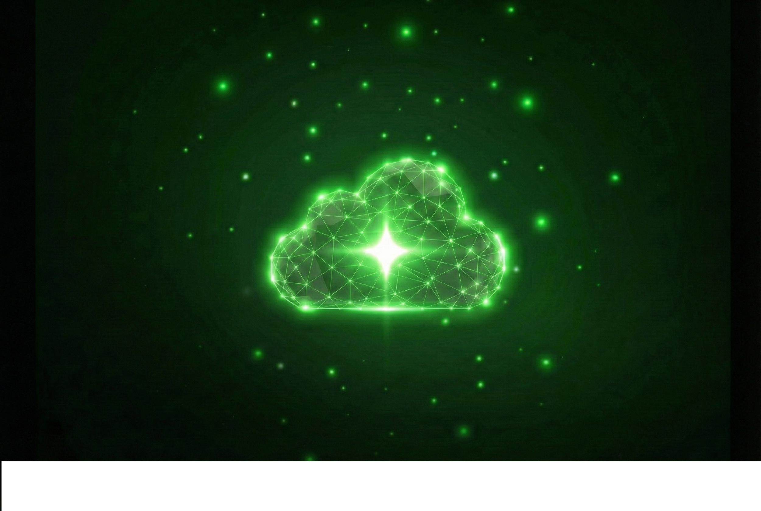 Digital illustration of a glowing green cloud icon depicted with a wireframe pattern, surrounded by small glowing particles, representing cloud computing or cloud storage.