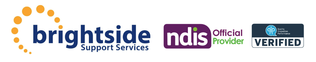 Logos for Brightside Support Services, NDIS Official Provider, and IQIP Verified