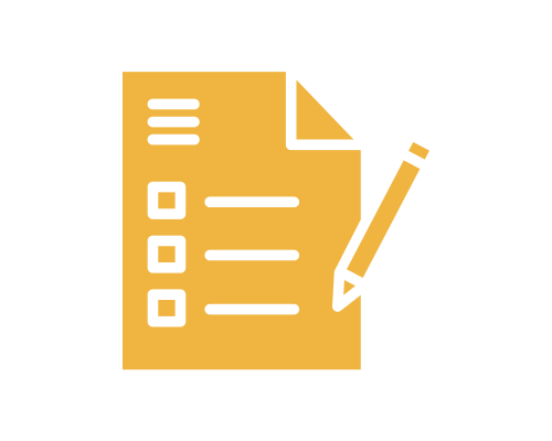 Icon of a checklist with three checkboxes and a pen, on a yellow background.