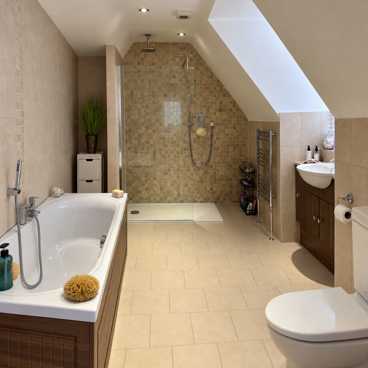 Spacious beige-tiled bathroom with freestanding bathtub, walk-in shower, skylight, heated towel rail, sink, and toilet